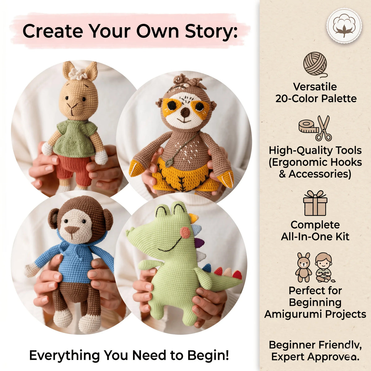Quatre peluches d'animaux au crochet dont un lion et un dinosaure fabriqués avec ce kit de laine
