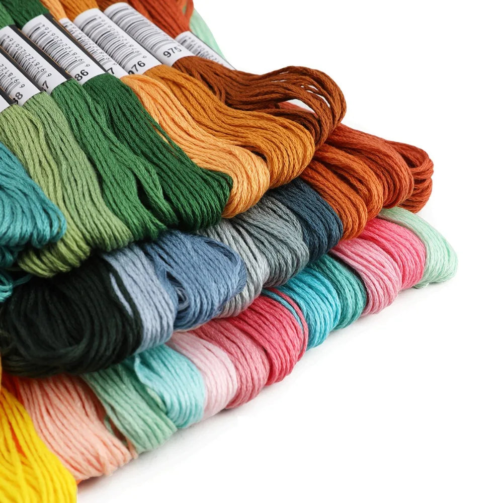 Gros plan sur une pile d'écheveaux de fils de coton pour broderie moderne