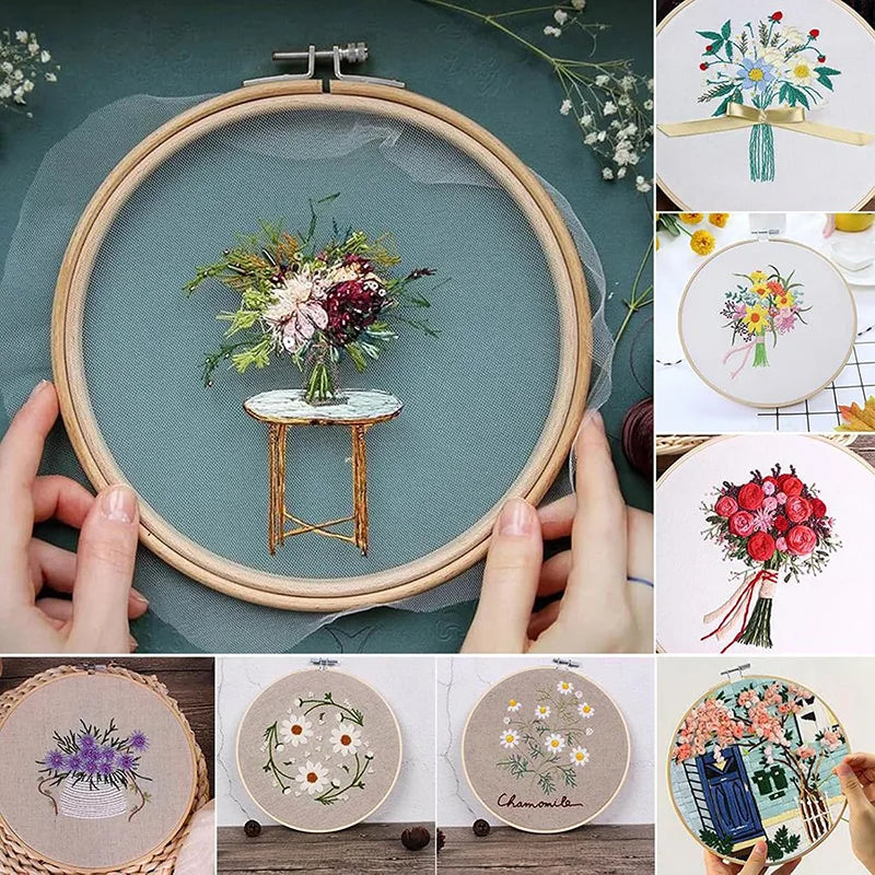 Idées de décorations murales et de bouquets de mariée encadrés avec des cerceaux de broderie
