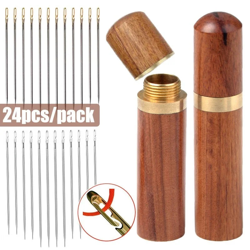 Pack d'aiguilles à coudre comprenant un étui en bois avec couvercle à vis et un lot de 24 aiguilles