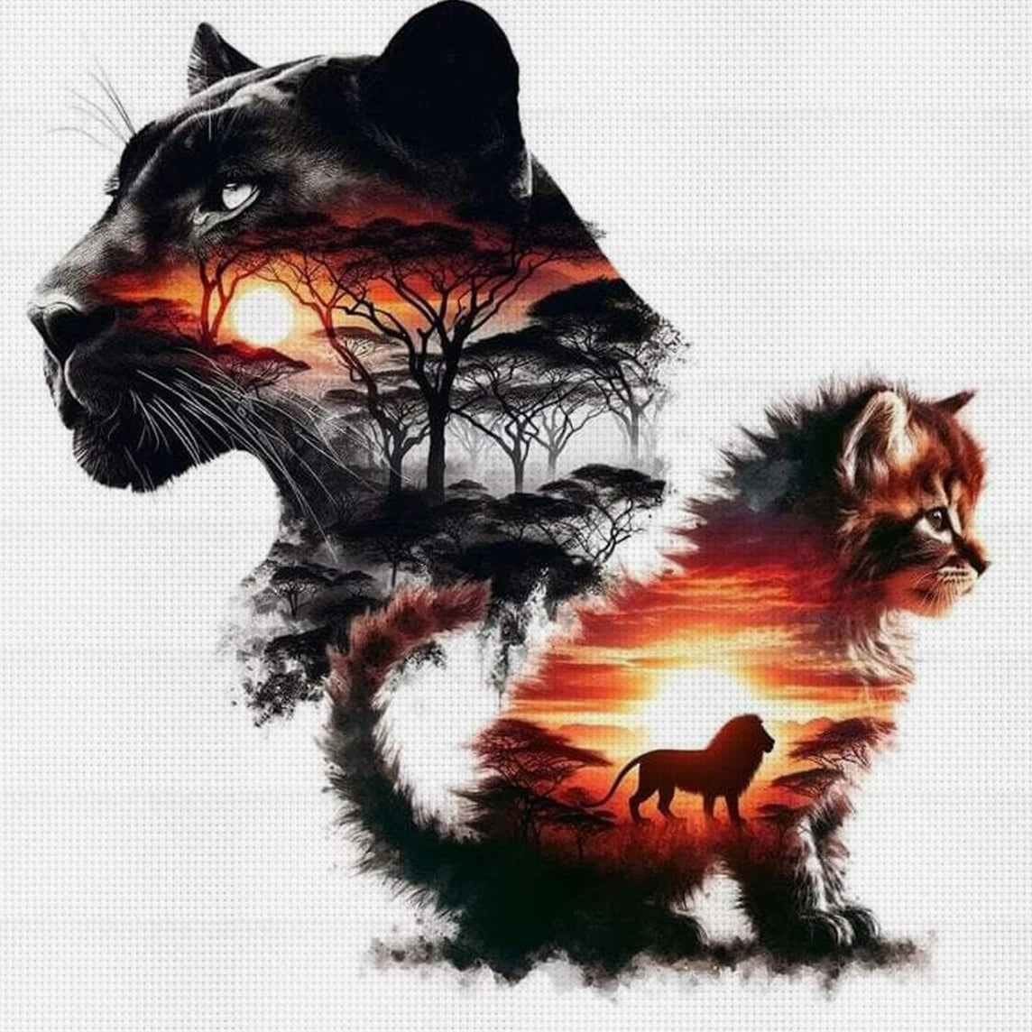 Diagramme de point de croix motif animaux sauvages double exposition avec portrait de panthere noire et chaton sur fond blanc.