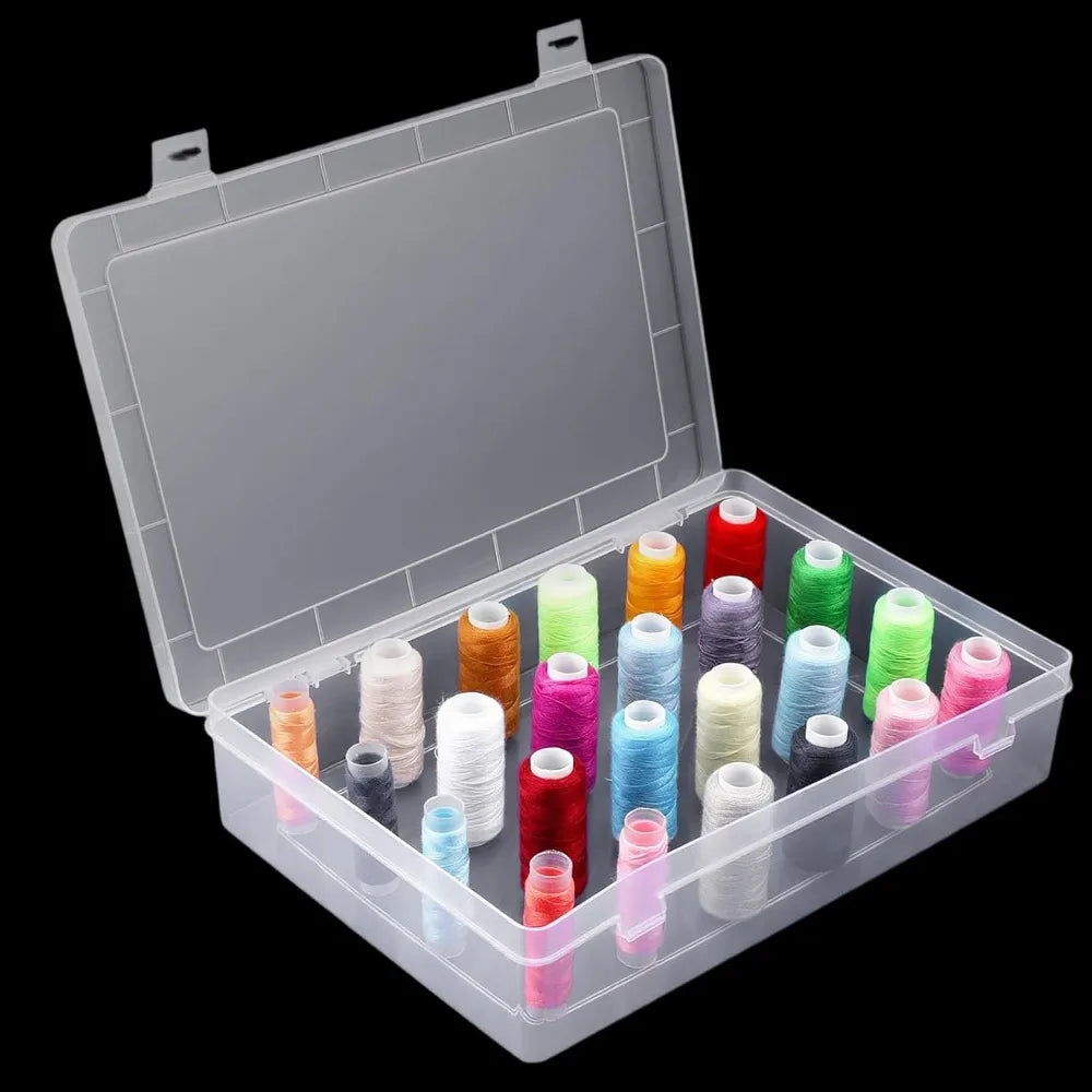 Mallette de rangement pour couture compacte contenant vingt-quatre petites bobines de fil colorees de qualite superieure.