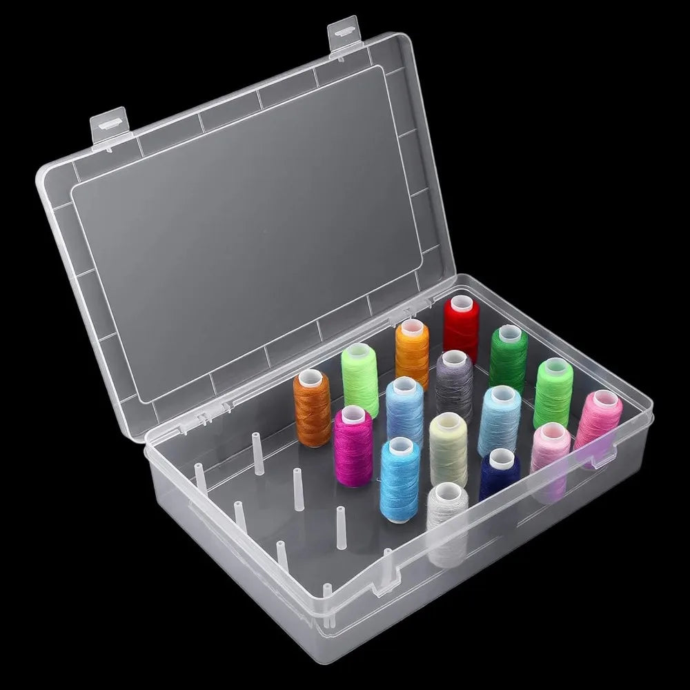 Boite organisatrice de fils ouverte affichant des bobines de couture multicolores alignees sur des picots en plastique.