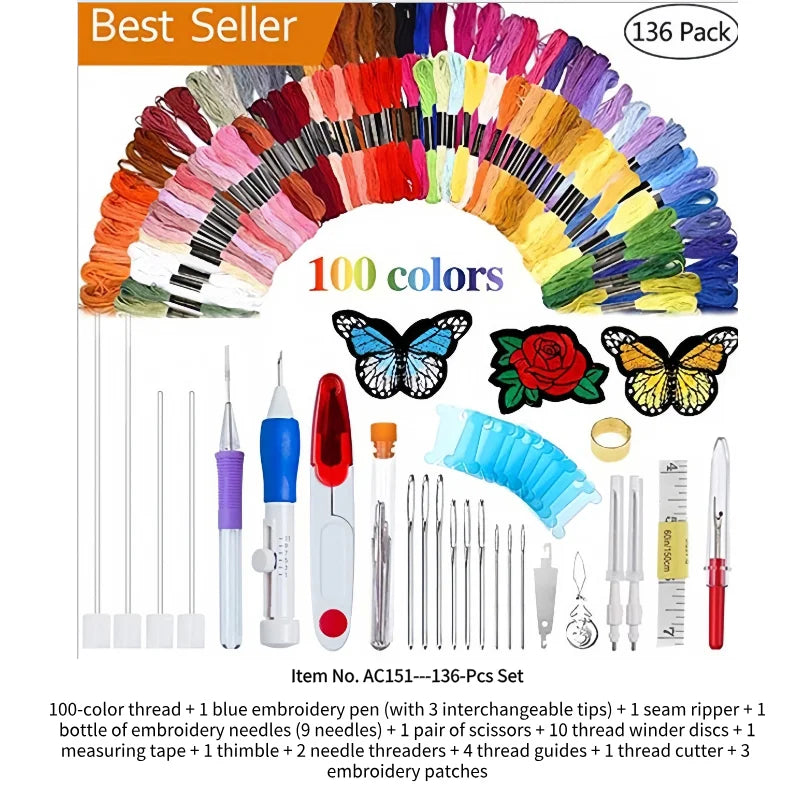 Kit de broderie complet avec cent fils colorés accessoires de couture et écussons papillons