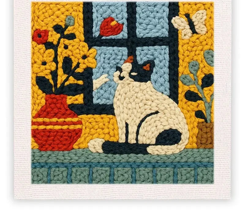 Kit tableau à broder — motif chat à la fenêtre