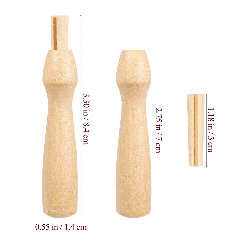 Dimensions en pouces et centimètres des trois tailles de poignées en bois pour aiguille magique