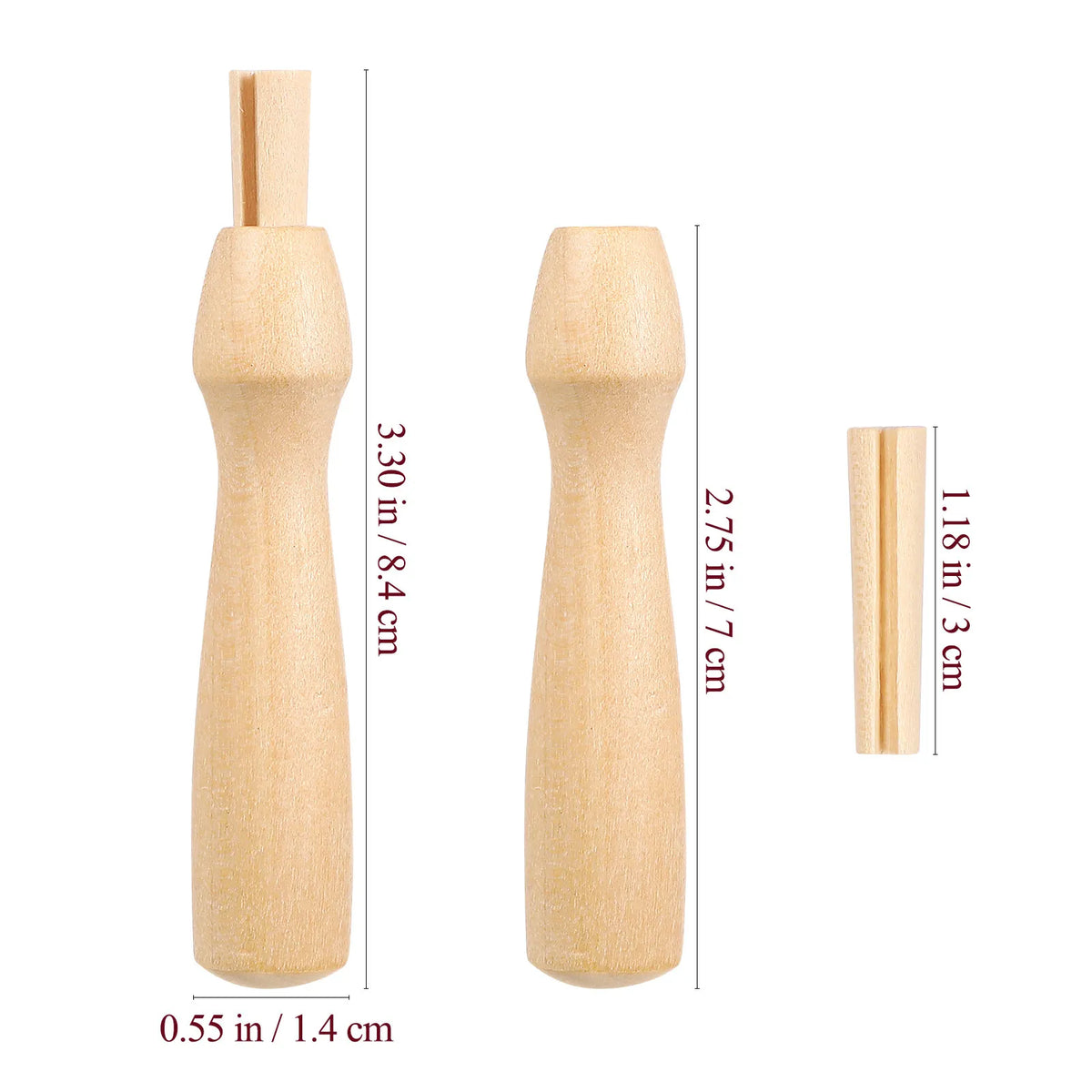 Dimensions en pouces et centimètres des trois tailles de poignées en bois pour aiguille magique