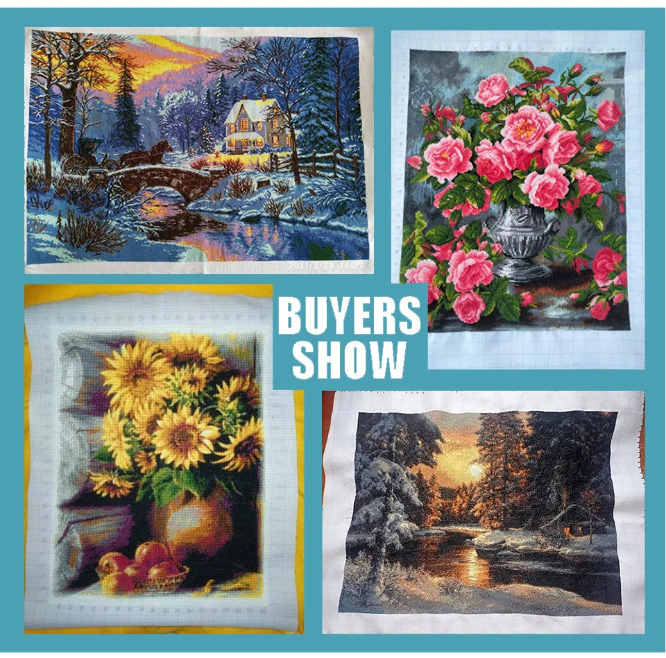 Galerie de photos de clients montrant leurs broderies personnalisées terminées avec des motifs de fleurs, paysages et maisons.