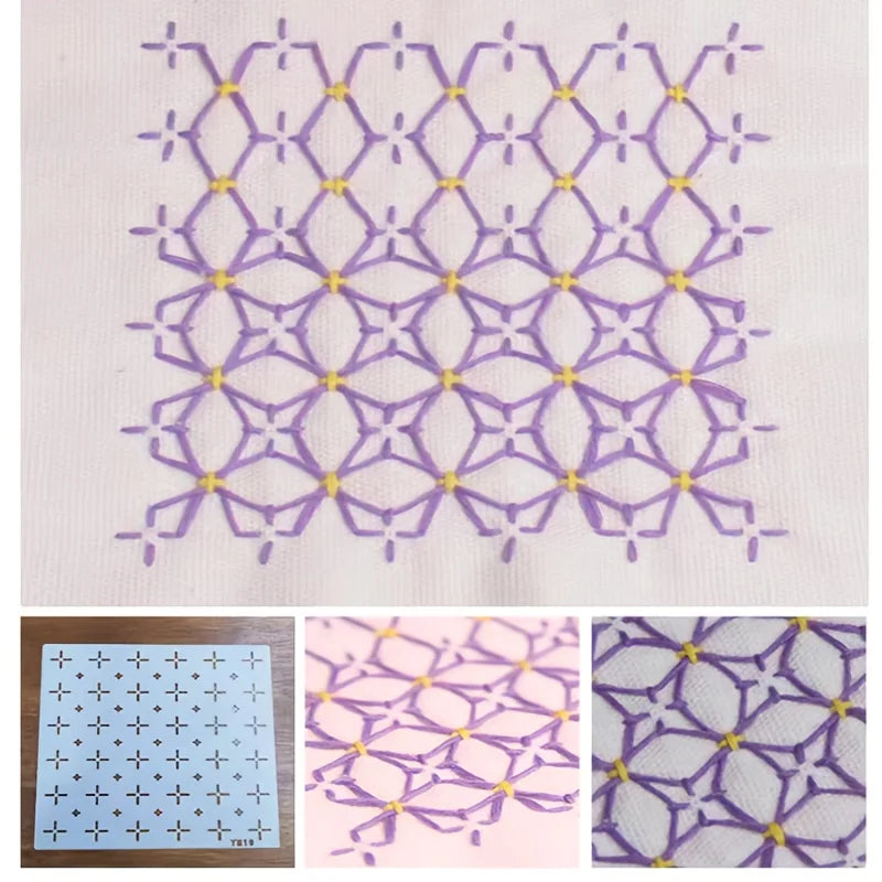 Pochoir en plastique transparent reutilisable pour tracer des motifs de broderie geometrique Sashiko en cercles entrelaces.