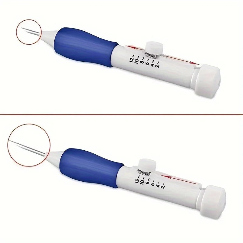 Gros plan technique sur le manche ergonomique bleu et blanc de l'aiguille de broderie affichant le bouton poussoir de réglage de la graduation.