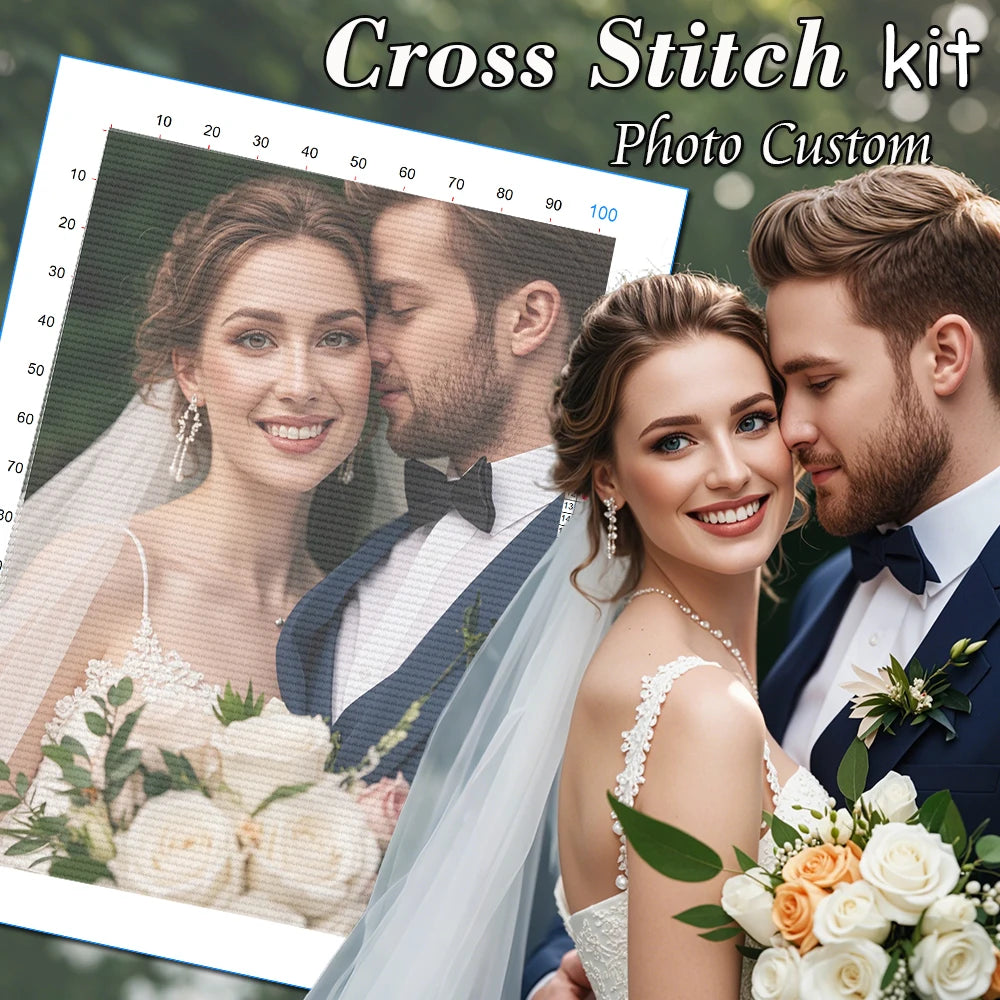 Kit de point de croix personnalisé créé à partir d'une photo de mariage avec un couple de mariés souriant.