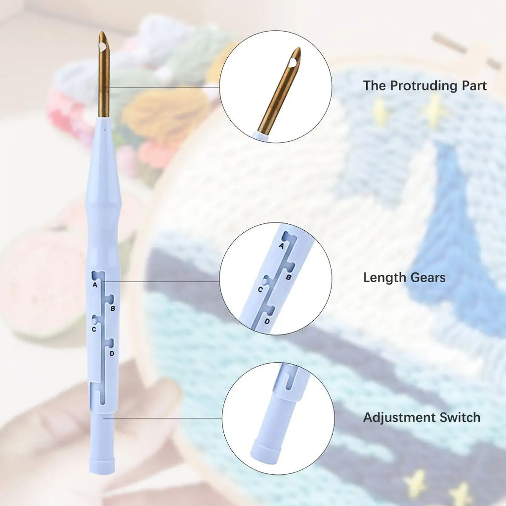 Gros plan technique sur le manche ergonomique bleu et blanc de l'aiguille de punch needle et ses différentes positions de réglage.