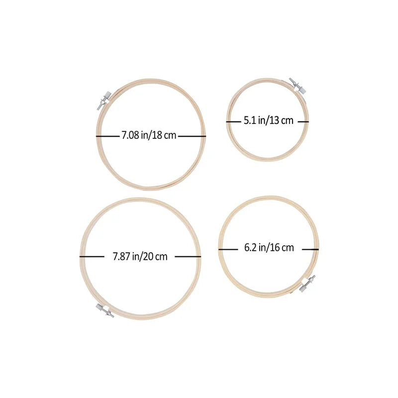 Schéma technique indiquant les diamètres des quatre tambours de broderie en bois du kit