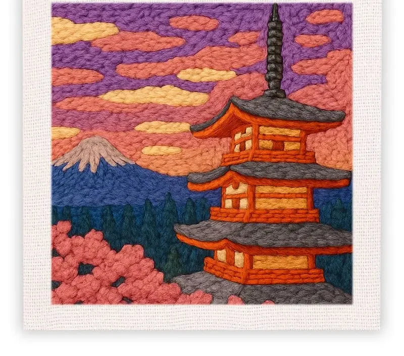 Kit tableau à broder — motif pagode japonaise au couchant