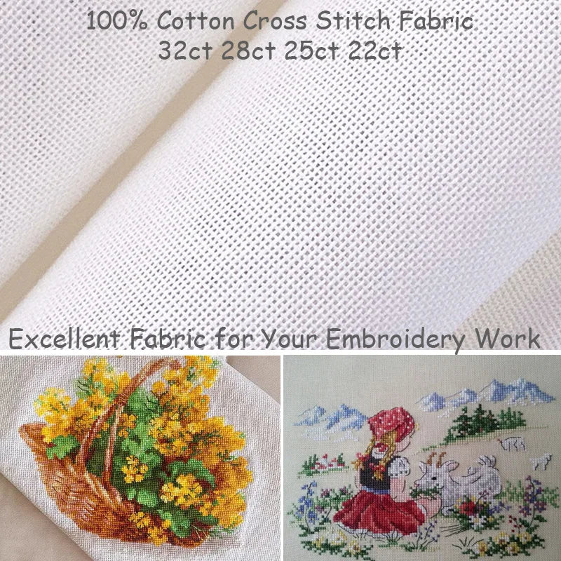 Rouleau de toile de broderie Aida 100% coton pour point de croix et punch needle, affichant une texture régulière avec des exemples de motifs fleuris brodés en bas.