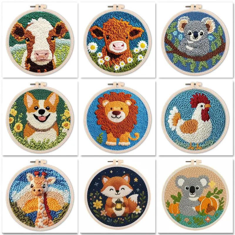 Grille d'affichage présentant neuf modèles différents de broderie punch needle finis avec des motifs d'animaux mignons comme une vache Highland, un lion et un corgi.