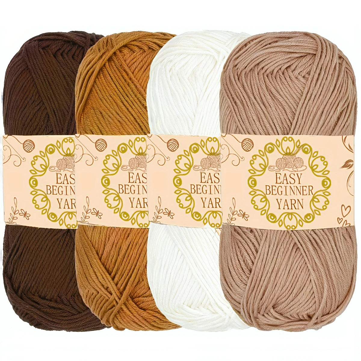 Quatre pelotes de laine pour débutant Easy Beginner Yarn de couleurs marron ocre blanc et beige