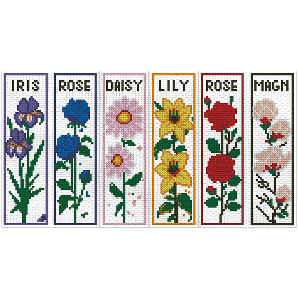 Assortiment de marque-pages point de croix motifs floraux rétro avec iris rose tournesol lys rose et pivoine.