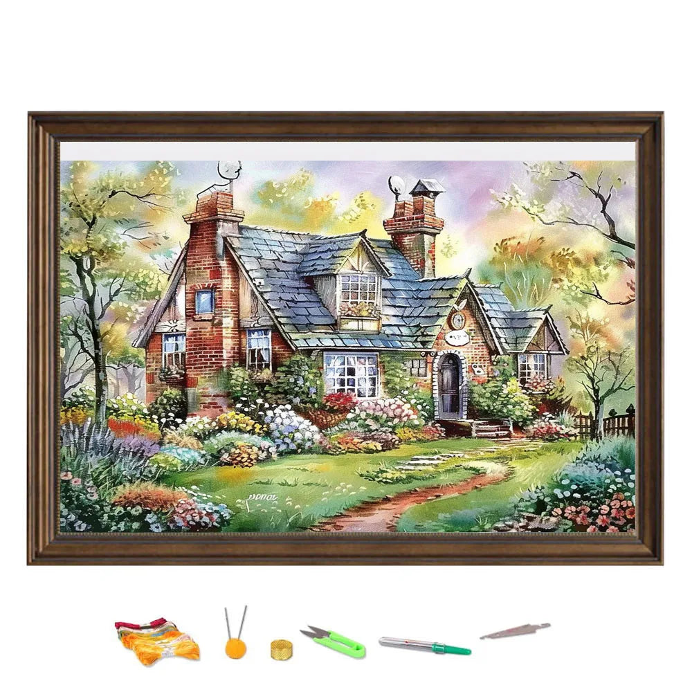 Grille de broderie point de croix maison de campagne colorée avec toit bleu violet et jardin de roses