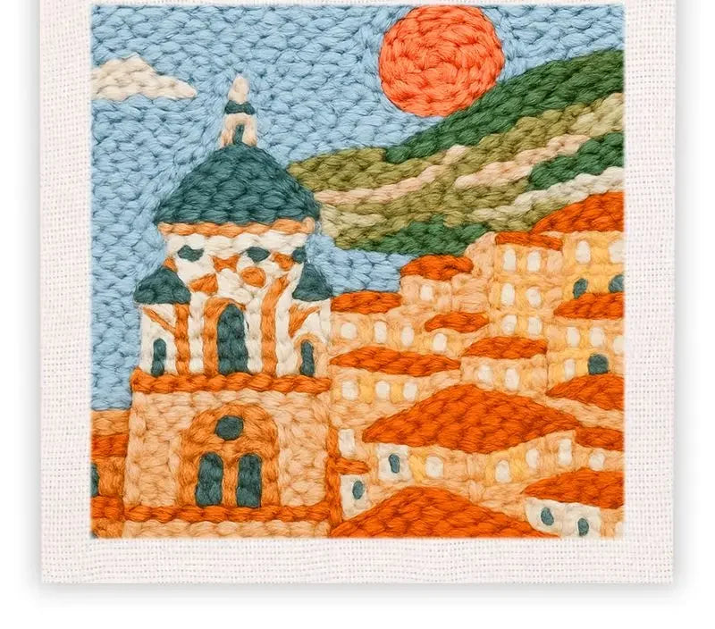 Kit tableau à broder — motif village méditerranéen