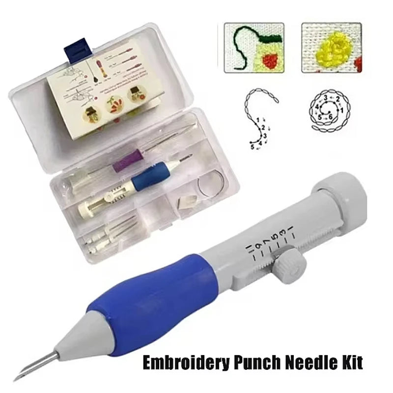 Kit d'aiguille magique réglable punch needle pour broderie, présenté avec sa boîte de rangement en plastique transparent, ses enfileurs et des exemples de points de couture.