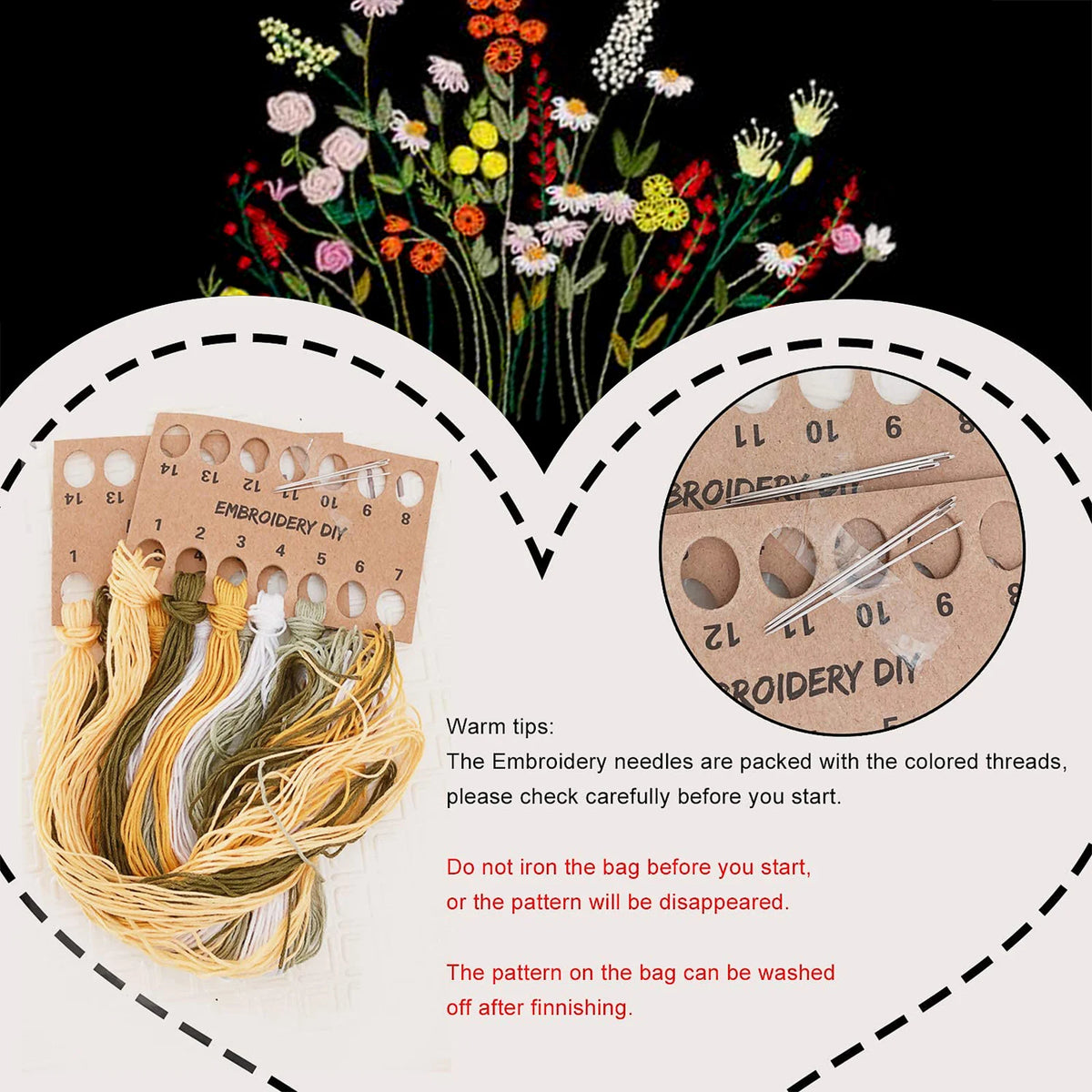 Infographie montrant les échevettes de fils à broder dans les tons beige et ocre ainsi que le nuancier de référence pour réaliser le motif floral.