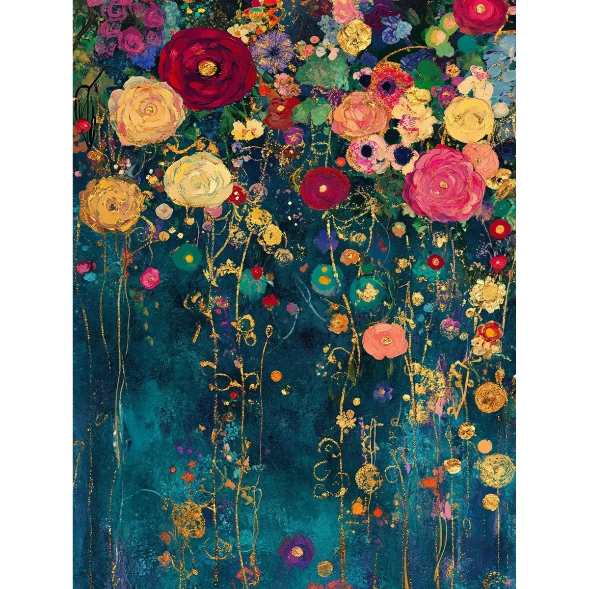 Toile de broderie point de croix avec une cascade de fleurs colorees roses jaunes et rouges sur un fond bleu sarcelle abstrait.