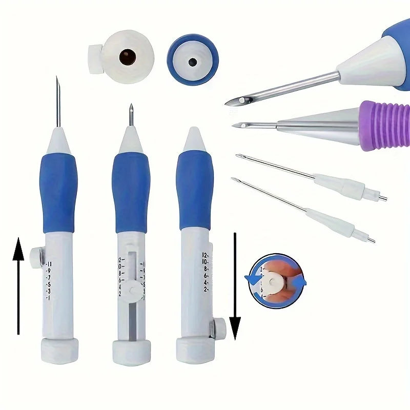 Schéma explicatif montrant le montage d'un stylo à punch needle avec ses trois tailles d'aiguilles en acier interchangeables et ses accessoires.