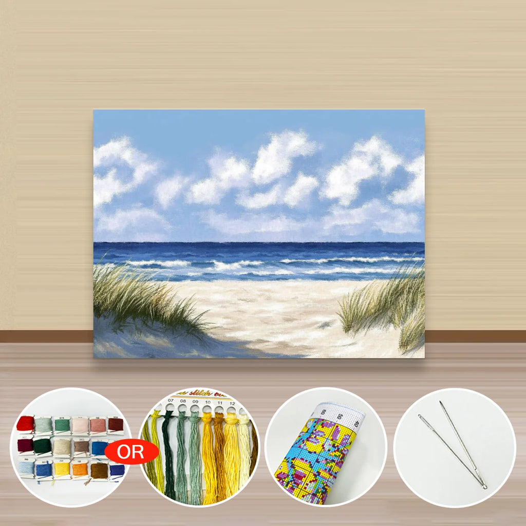 Kit complet de peinture par numero paysage de bord de mer avec les godets de couleur le set de pinceaux et le guide de reference numerote.