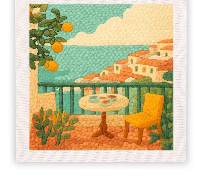 Kit tableau à broder — motif terrasse face à la mer