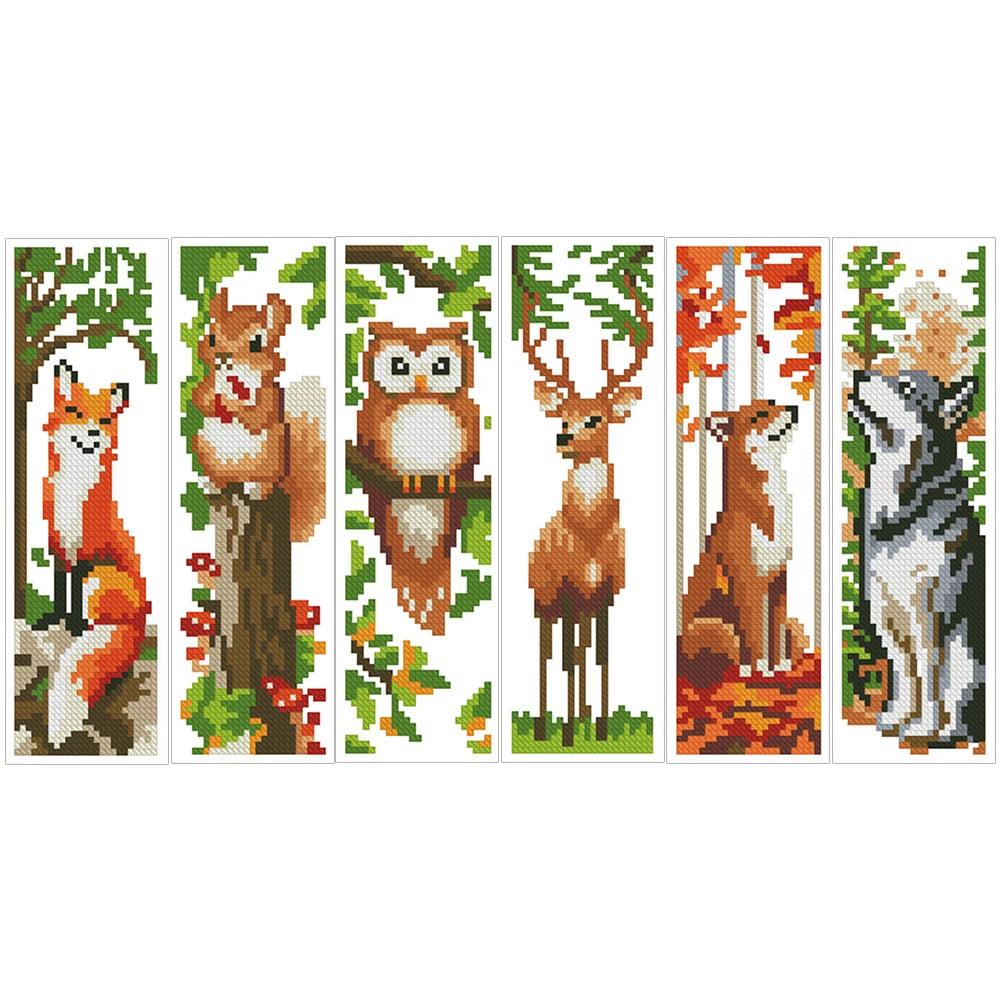 Collection de marque-pages à broder point de croix représentant des animaux sauvages comme un renard un écureuil une chouette et un cerf.