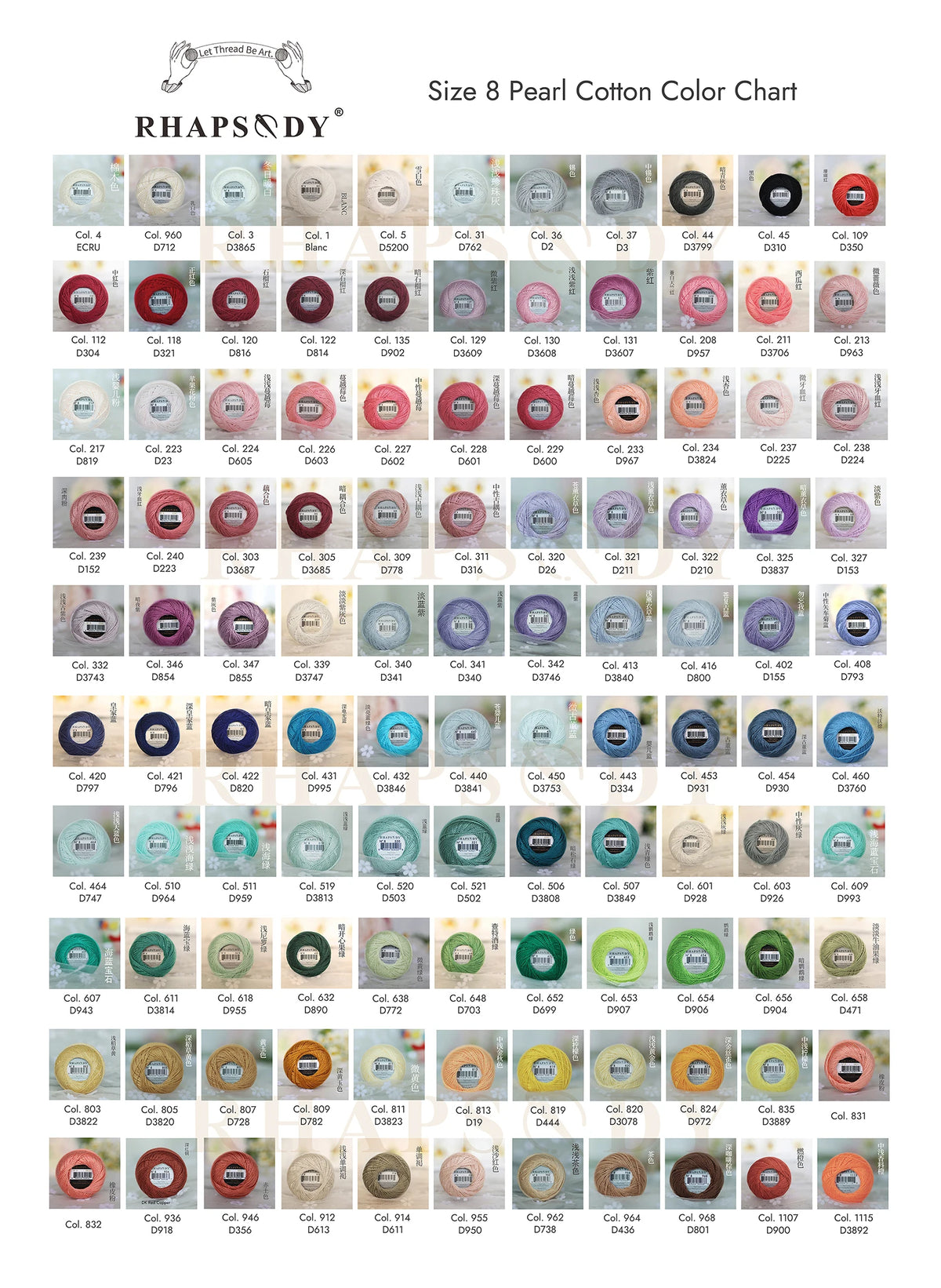 Nuancier complet des couleurs disponibles pour les pelotes de coton perlé de broderie.