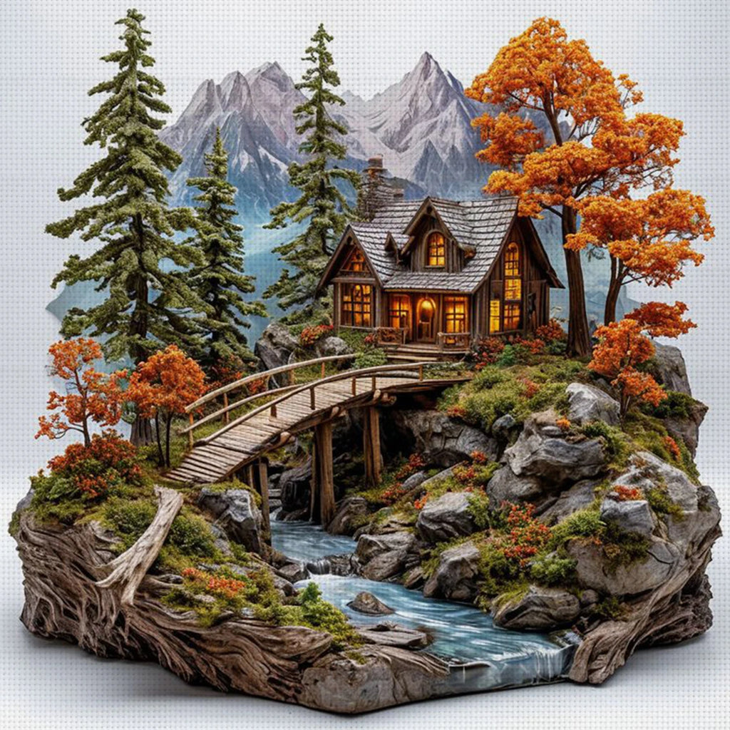 Diagramme de point de croix relief paysage de montagne avec un chalet en bois rustique niche entre sapins et arbres d'automne au-dessus d'un torrent et d'un petit pont.