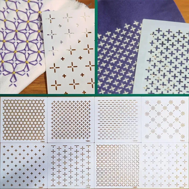 Lot de plaques de pochoirs de broderie japonaise Sashiko avec differents motifs geometriques et points de croix traditionnels sur tissu bleu et blanc.