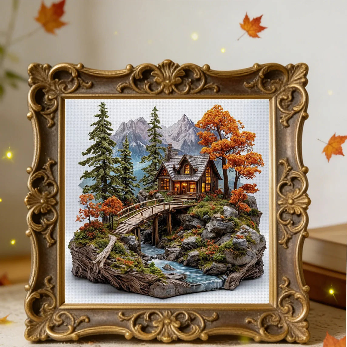 Broderie point de croix paysage de montagne avec riviere et foret dans un cadre dore sculpte baroque de style classique.