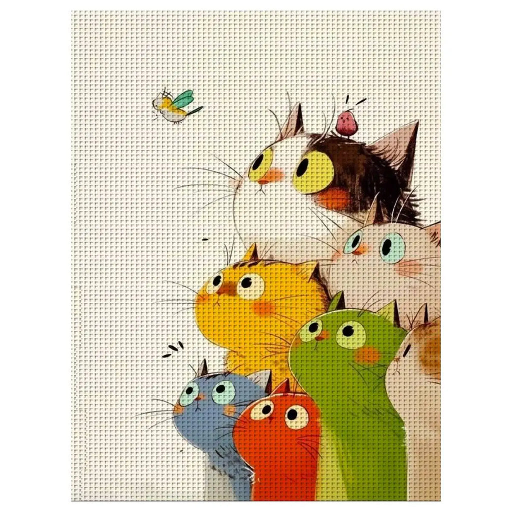 Diagramme de point de croix avec une pile de petits chats rigolos et multicolores aux grands yeux qui regardent un papillon.