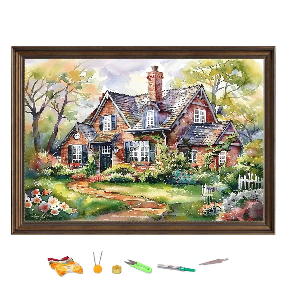 Tableau fait main en point de croix grand cottage anglais traditionnel en briques avec cheminée entouré d'un jardin fleuri verdoyant.