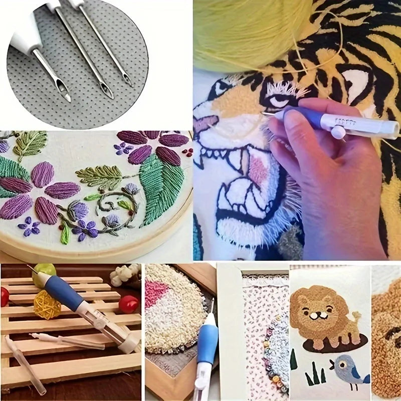 Collage photo mettant en scène l'utilisation du stylo magique de broderie sur des toiles tendues et des motifs d'animaux comme un tigre.