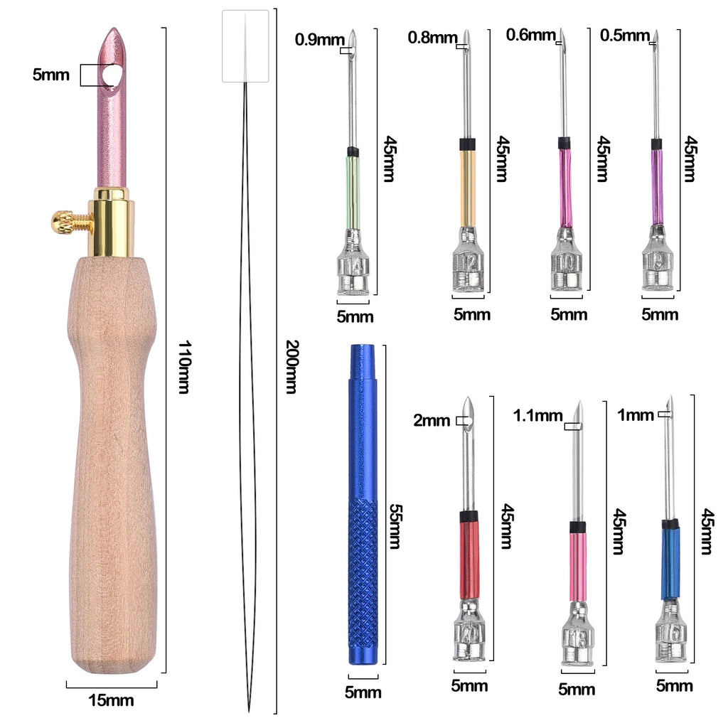 Schéma technique et dimensions d'une aiguille magique punch needle réglable avec manche en bois et ses différents embouts interchangeables en métal.