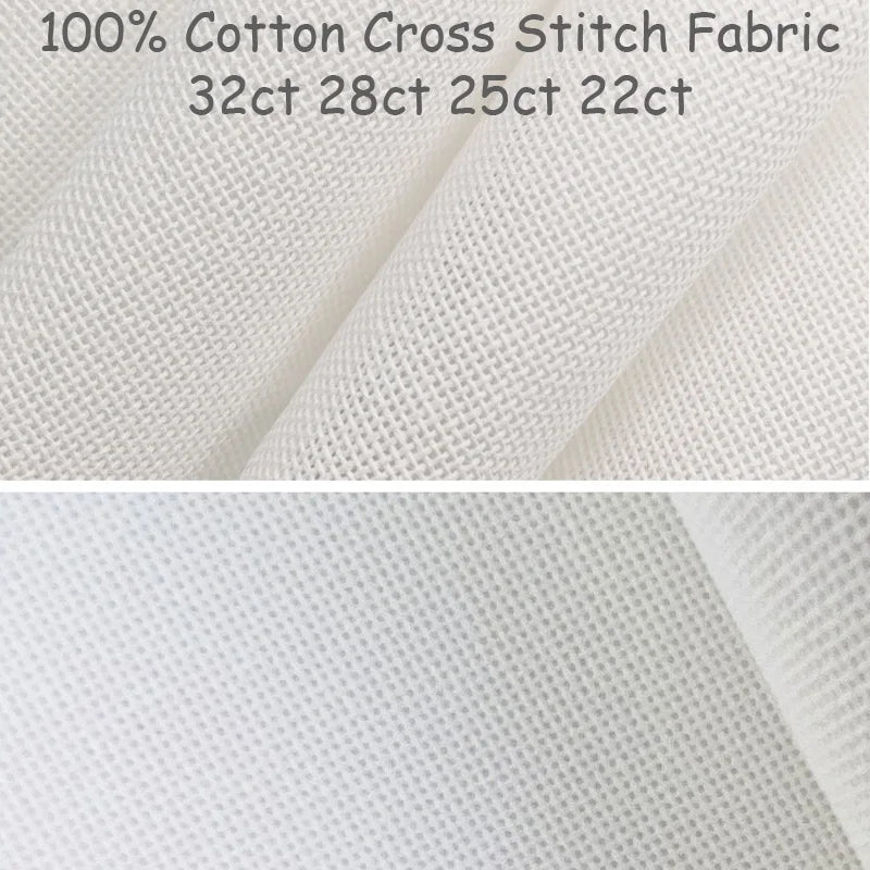 Zoom sur les différentes densités de tissage d'une toile de coton Evenweave blanche, déclinée en 32 count, 28 count, 25 count et 22 count.