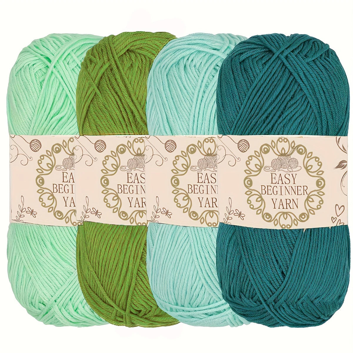 Pack de quatre pelotes de laine Easy Beginner Yarn dégradées dans les tons de vert et turquoise