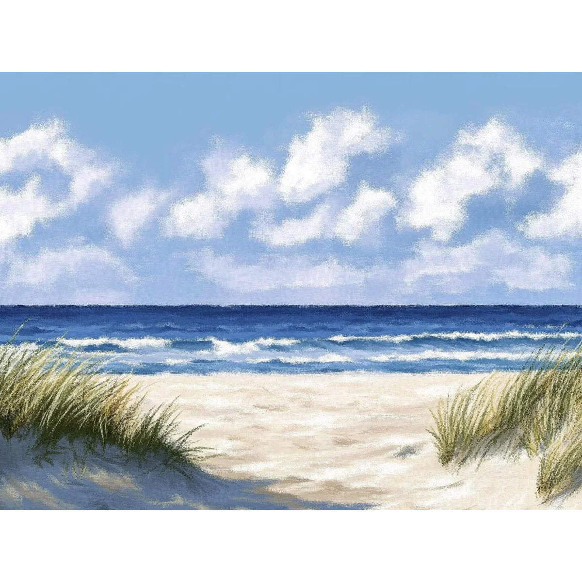 Tableau peinture par numero paysage de plage paradisiaque avec dunes de sable fin ocean bleu et gros nuages blancs dans le ciel.