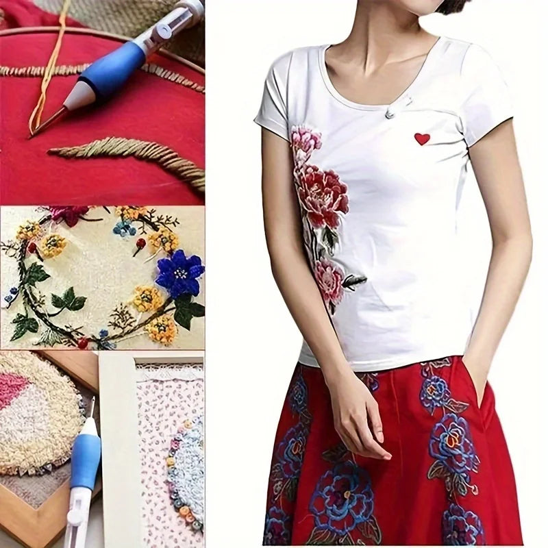 Exemples d'applications créatives de la broderie punch needle en relief sur des vêtements, un t-shirt blanc pour femme et des accessoires textiles.