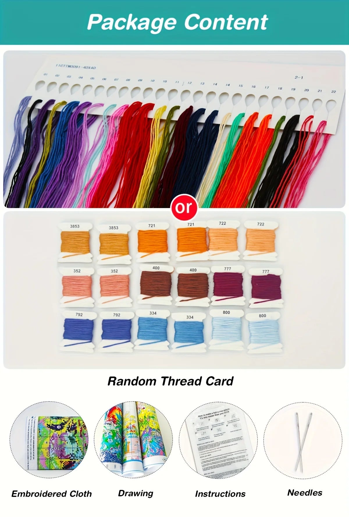 Apercu du contenu du kit de broderie complet de qualite supérieure avec echeveaux de fils de coton colores guide de dessin toile canevas imprimee et aiguilles.