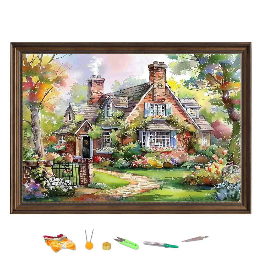 Canevas de broderie moderne maisonnette de campagne fleurie style cottage anglais avec jardin romantique.