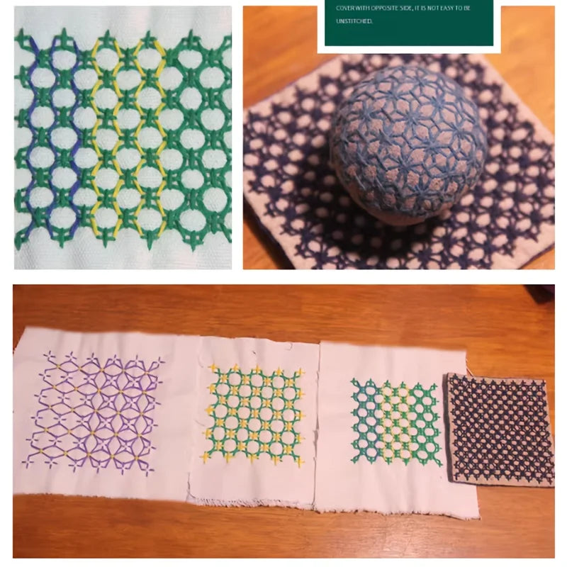 Exemple d'utilisation de stencils pour broderie Sashiko sur un chemin de table blanc avec des fils de coton verts et violets.