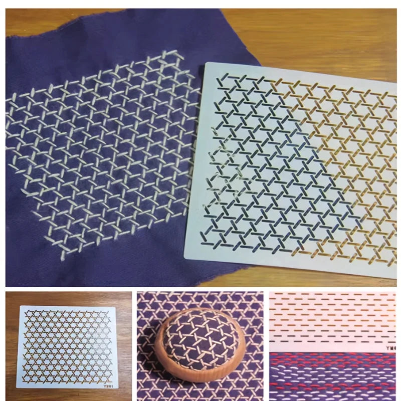 Guide de tracage pour broderie traditionnelle japonaise Sashiko montrant le report de la grille de points sur un tissu marine.