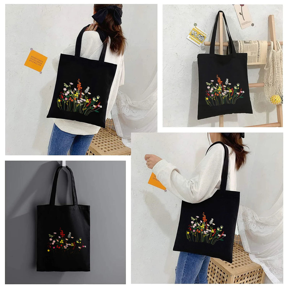 Exemples de mise en situation d'une femme portant à l'épaule le tote bag noir brodé main avec élégance dans la vie quotidienne.