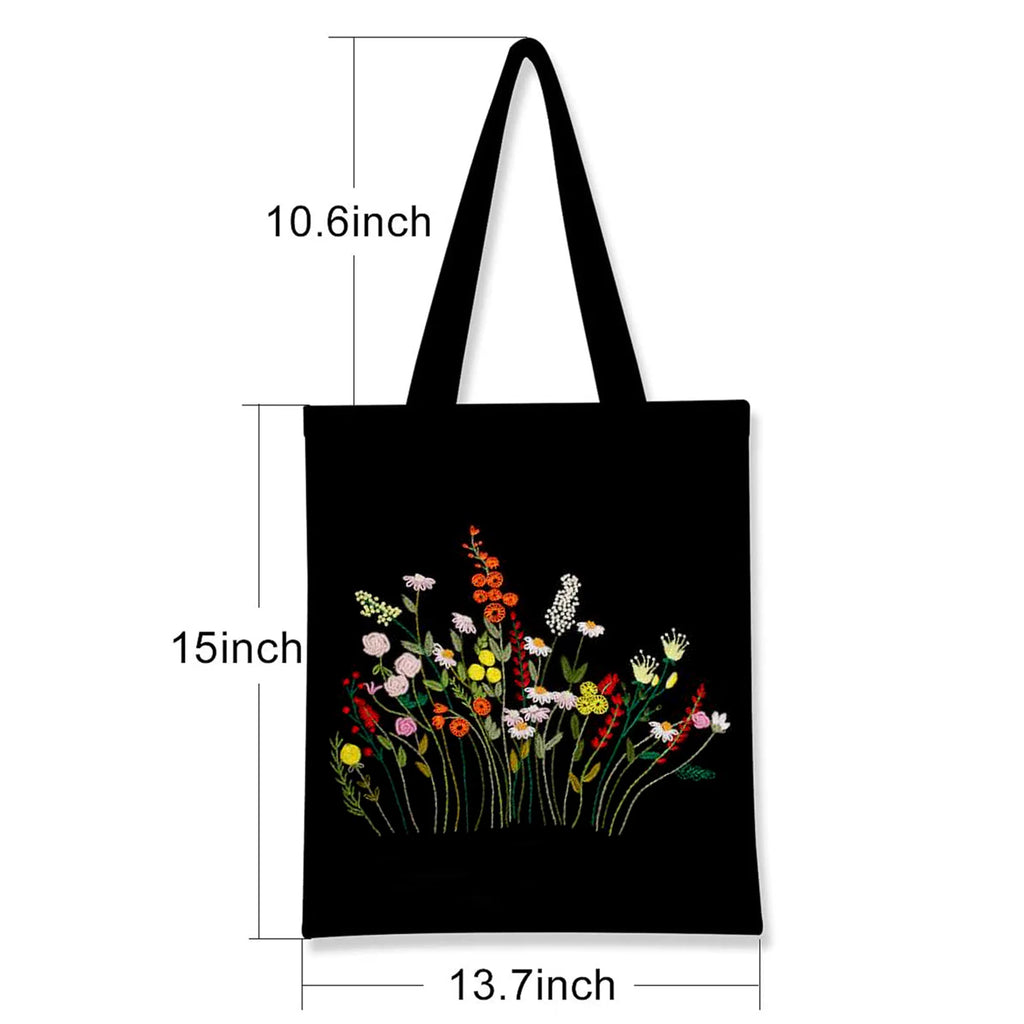 Schéma technique indiquant les dimensions en pouces du sac cabas en coton noir avec ses anses pour le porter à l'épaule.