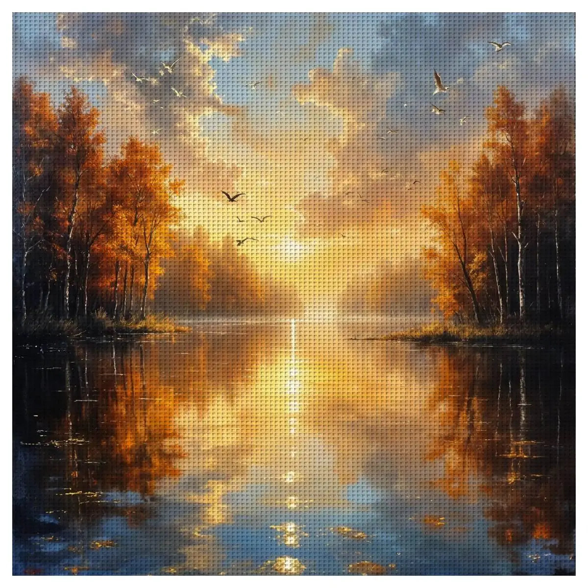 Grille de broderie point de croix paysage de coucher de soleil sur un lac entouré d'arbres d'automne dorés.